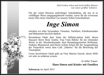 Traueranzeige von Inge Simon von Südthüringer Presse