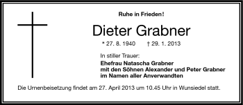 Traueranzeige von Dieter Grabner von Frankenpost