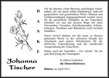 Traueranzeige von Johanna Tischer von Südthüringer Presse
