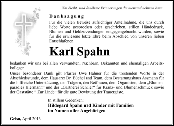 Traueranzeige von Karl Spahn von Südthüringer Presse