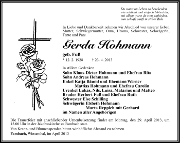 Traueranzeige von Gerda Hohmann von Südthüringer Presse