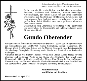 Traueranzeige von Gundo Oberender von Südthüringer Presse