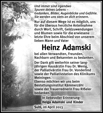 Traueranzeige von Heinz Adamski von Südthüringer Presse