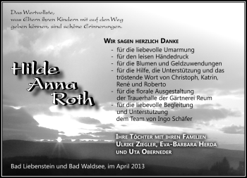 Traueranzeige von Hilde Anna Roth von Südthüringer Presse