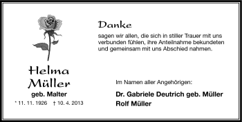 Traueranzeige von Helma Müller von Südthüringer Presse