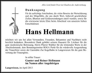 Traueranzeige von Hans Hellmann von Südthüringer Presse