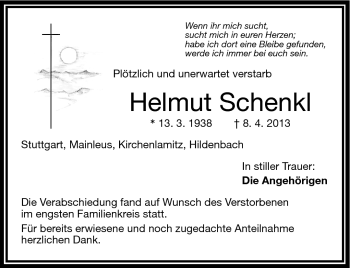 Traueranzeige von Helmut Schenkl von Frankenpost