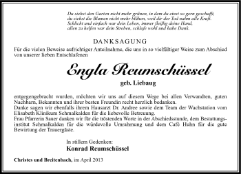Traueranzeige von Engla Reumschüssel von Südthüringer Presse