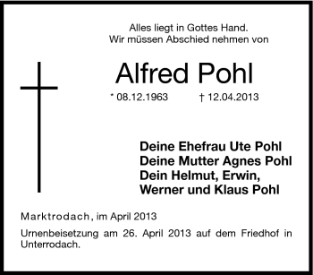 Traueranzeige von Alfred Pohl von Neue Presse Coburg
