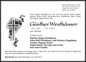 Traueranzeige von Günther Westhäuser von Südthüringer Presse