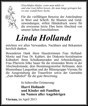 Traueranzeige von Linda Hollandt von Südthüringer Presse