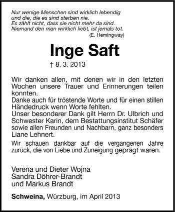 Traueranzeige von Inge Saft von Südthüringer Presse
