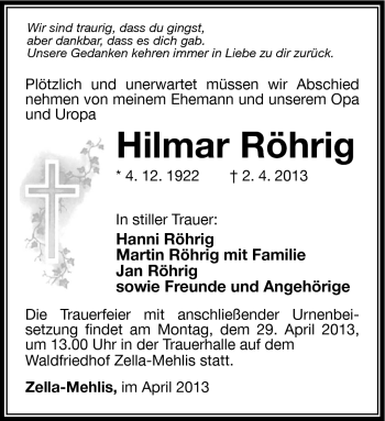 Traueranzeige von Hilmar Röhrig von Südthüringer Presse