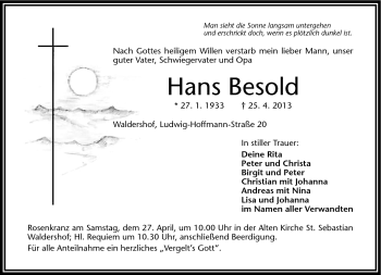 Traueranzeige von Hans Besold von Frankenpost