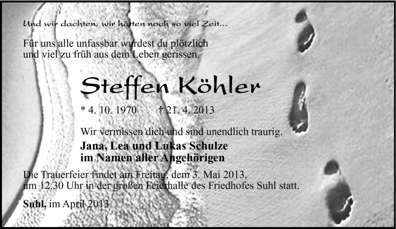  Traueranzeige für Steffen Köhler vom 27.04.2013 aus Südthüringer Presse