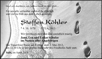 Traueranzeige von Steffen Köhler von Südthüringer Presse