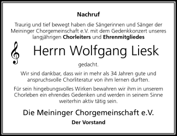 Traueranzeige von Wolfgang Liesk von Südthüringer Presse