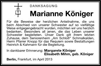Traueranzeige von Marianne Königer von Südthüringer Presse
