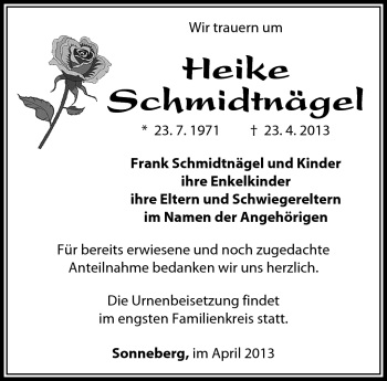 Traueranzeige von Heike Schmidtnägel von Südthüringer Presse