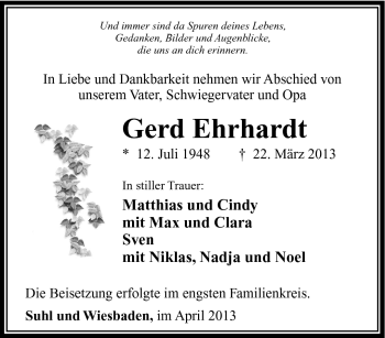 Traueranzeige von Gerd Ehrhardt von Südthüringer Presse