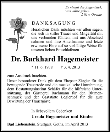 Traueranzeige von Burkhard Hagemeister von Südthüringer Presse