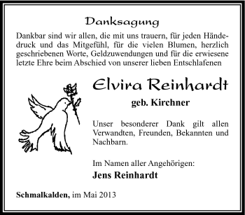 Traueranzeige von Elvira Reinhardt von Südthüringer Presse