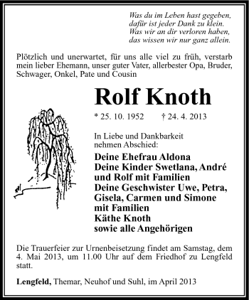 Traueranzeige von Rolf Knoth von Südthüringer Presse