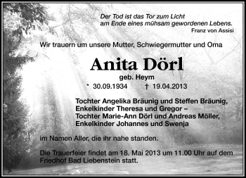 Traueranzeige von Anita Dörl von Südthüringer Presse