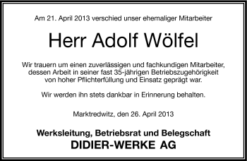Traueranzeige von Adolf Wölfel von Frankenpost