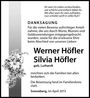 Traueranzeige von Werner Höfler von Südthüringer Presse