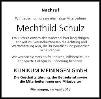 Traueranzeige von Mechthild Schulz von Südthüringer Presse