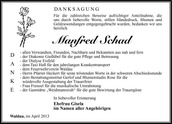 Traueranzeige von Manfred Schad von Südthüringer Presse