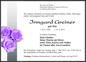 Traueranzeige von Irmgard Greiner von Südthüringer Presse