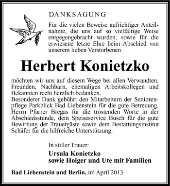 Traueranzeige von Herbert Konietzko von Südthüringer Presse