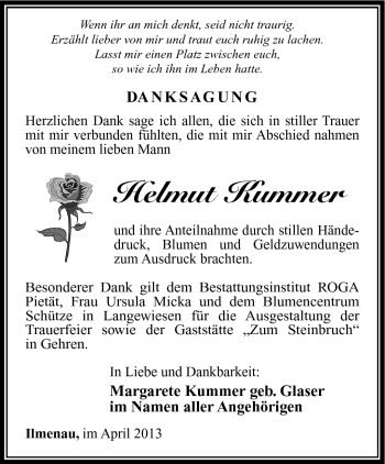 Traueranzeige von Helmut Kummer von Südthüringer Presse