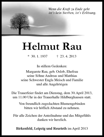 Traueranzeige von Helmut Rau von Südthüringer Presse