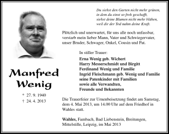 Traueranzeige von Manfred Wenig von Südthüringer Presse