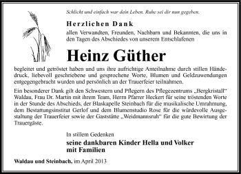 Traueranzeige von Heinz Güther von Südthüringer Presse
