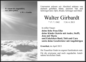 Traueranzeige von Walter Girbardt von Südthüringer Presse