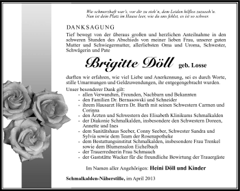 Traueranzeige von Brigitte Döll von Südthüringer Presse
