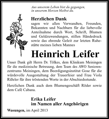 Traueranzeige von Heinrich Leifer von Südthüringer Presse