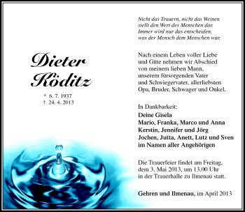 Traueranzeige von Dieter köditz von Südthüringer Presse