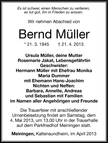 Traueranzeige von Bernd Müller von Südthüringer Presse