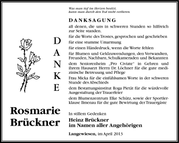 Traueranzeige von Rosmarie Brückner von Südthüringer Presse
