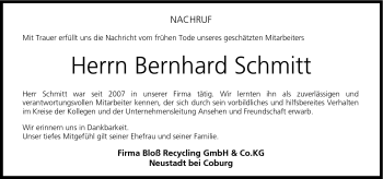 Traueranzeige von Bernhard Schmitt von Neue Presse Coburg