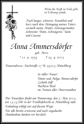 Traueranzeige von Anna Ammersdörfer von Frankenpost