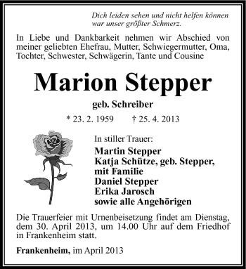 Traueranzeige von Marion Stepper von Südthüringer Presse