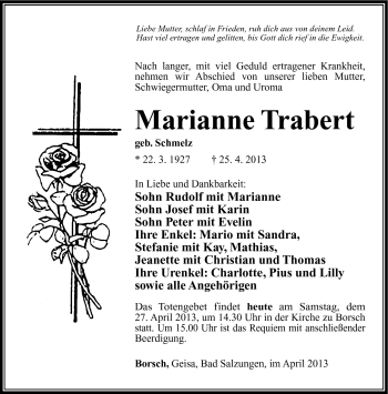 Traueranzeige von Marianne Trabert von Südthüringer Presse