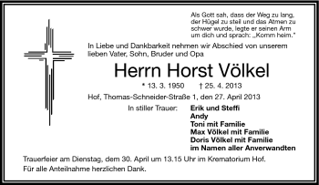 Traueranzeige von Horst Völkel von Frankenpost