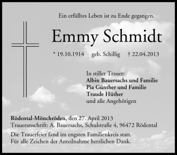 Traueranzeige von Emmy Schmidt von Neue Presse Coburg